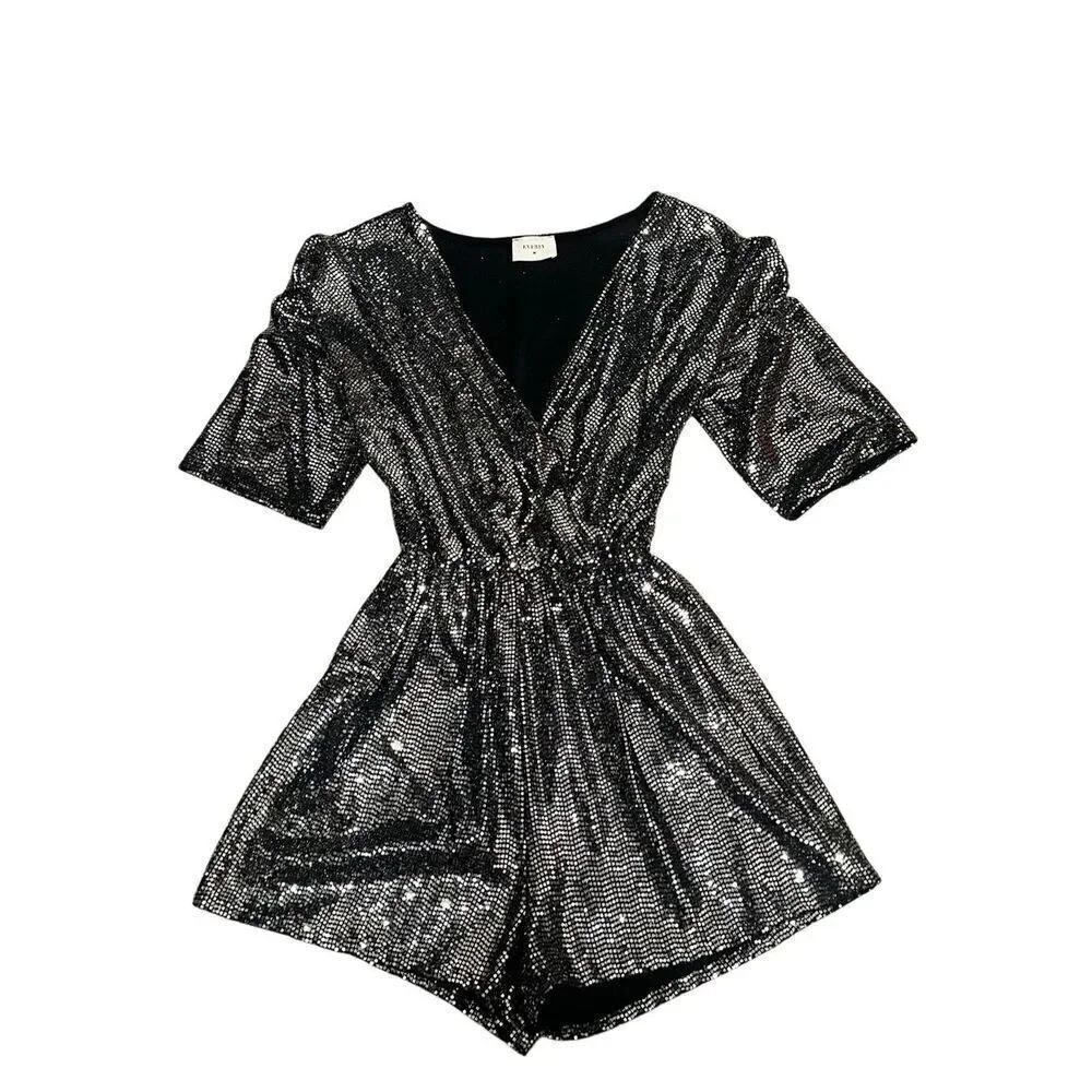 Everly Women's Sparkly Sequin Surplice Short Romper Black Silver Small